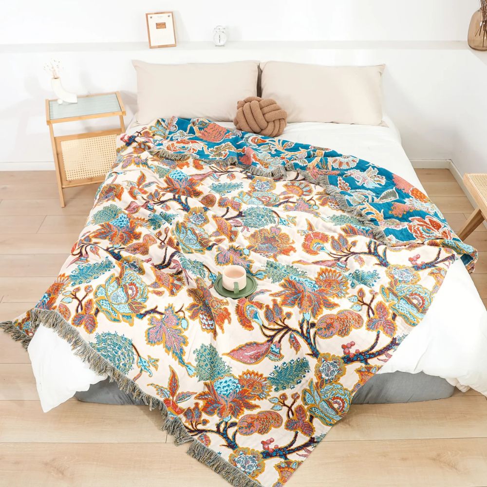 Cotton Blanket Lightweight Floral Design All-Season Throw for Bed Sofa Picnic