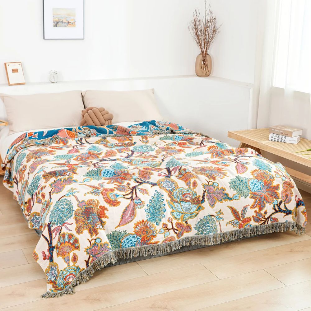 Cotton Blanket Lightweight Floral Design All-Season Throw for Bed Sofa Picnic