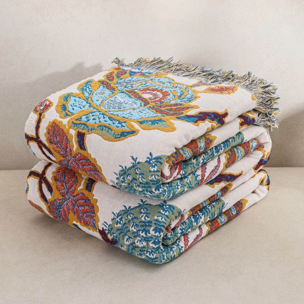 Cotton Blanket Lightweight Floral Design All-Season Throw for Bed Sofa Picnic