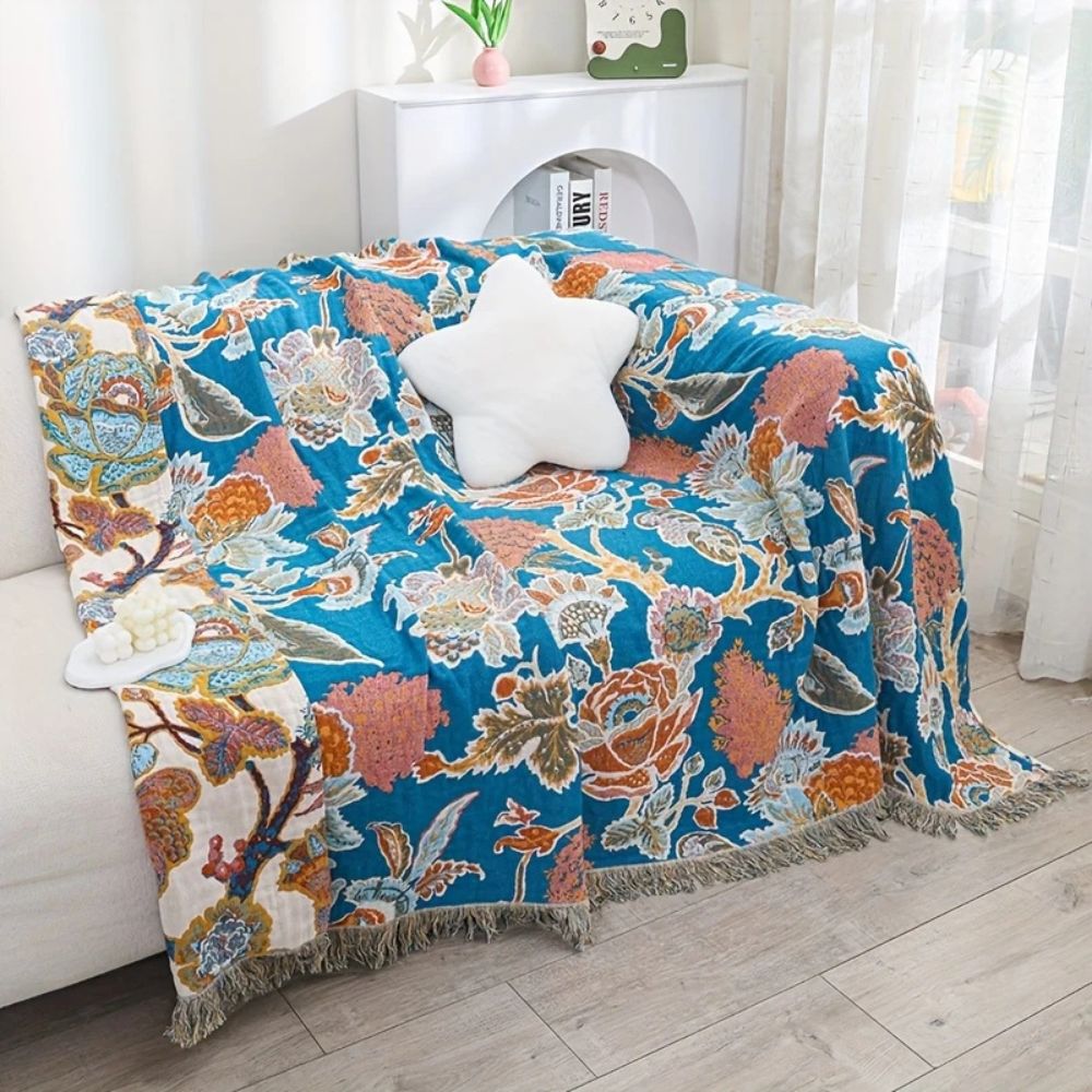 Cotton Blanket Lightweight Floral Design All-Season Throw for Bed Sofa Picnic