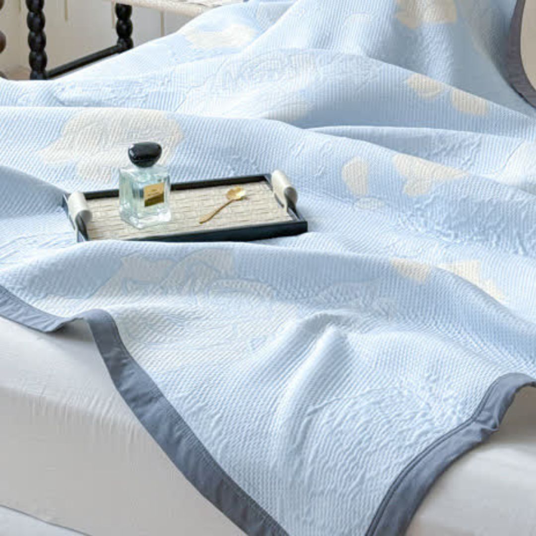 Cotton Blanket Reversible Blue Floral Design Lightweight Breathable Home Decor Throw