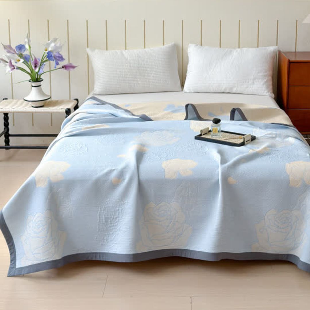 Cotton Blanket Reversible Blue Floral Design Lightweight Breathable Home Decor Throw