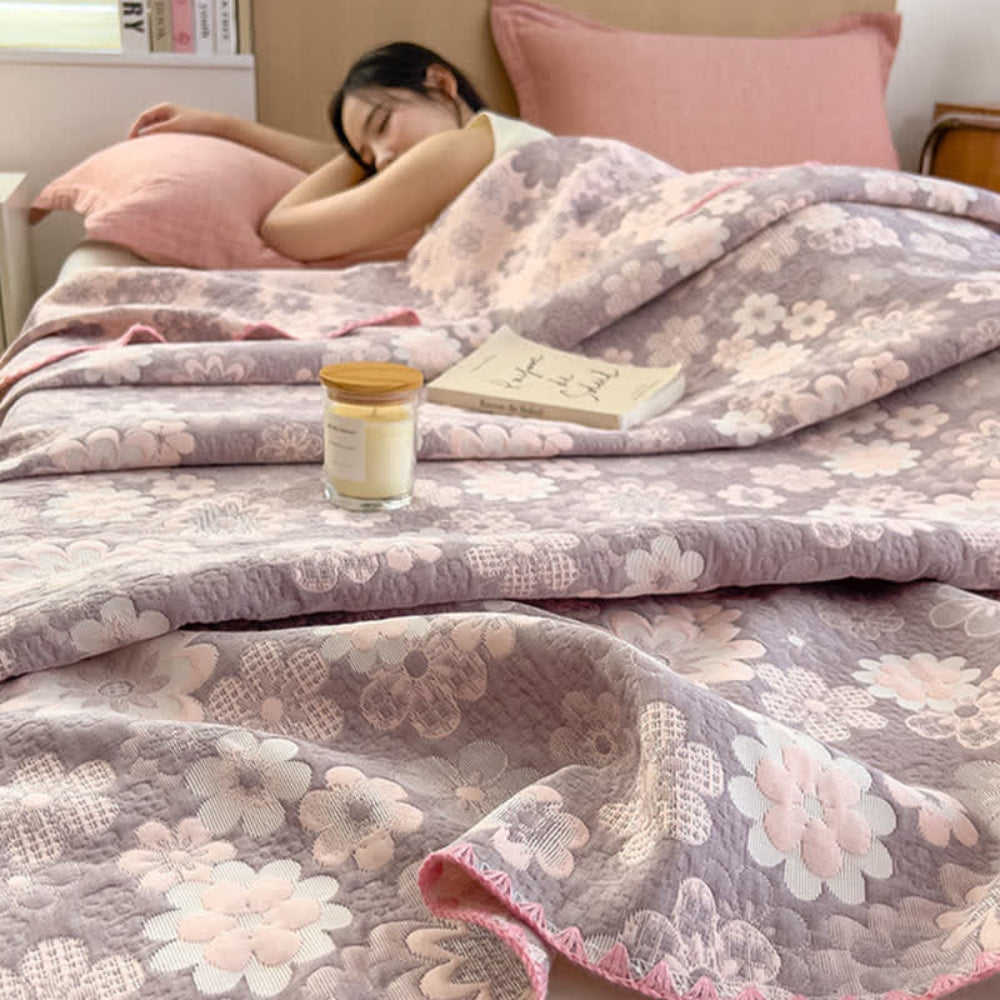 Cotton Gauze Blanket Reversible Floral Design Lightweight Soft Breathable Throw