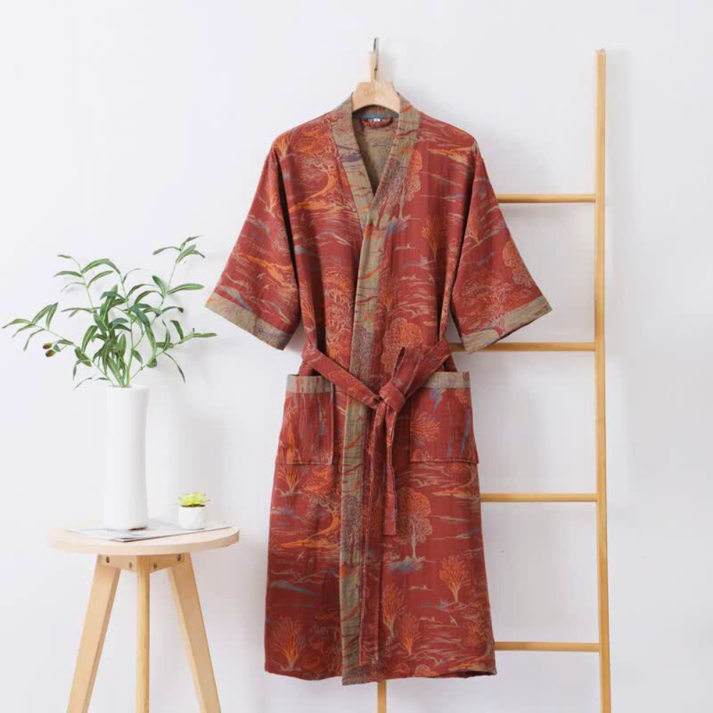 Lightweight Cotton Gauze Kimono Robe for Women Breathable Double-Layered Lounge Robe