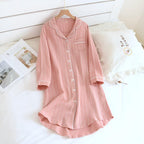 Cotton Long Sleeve Nightdress for Women Slimming Vertical Stripes Lightweight Breathable