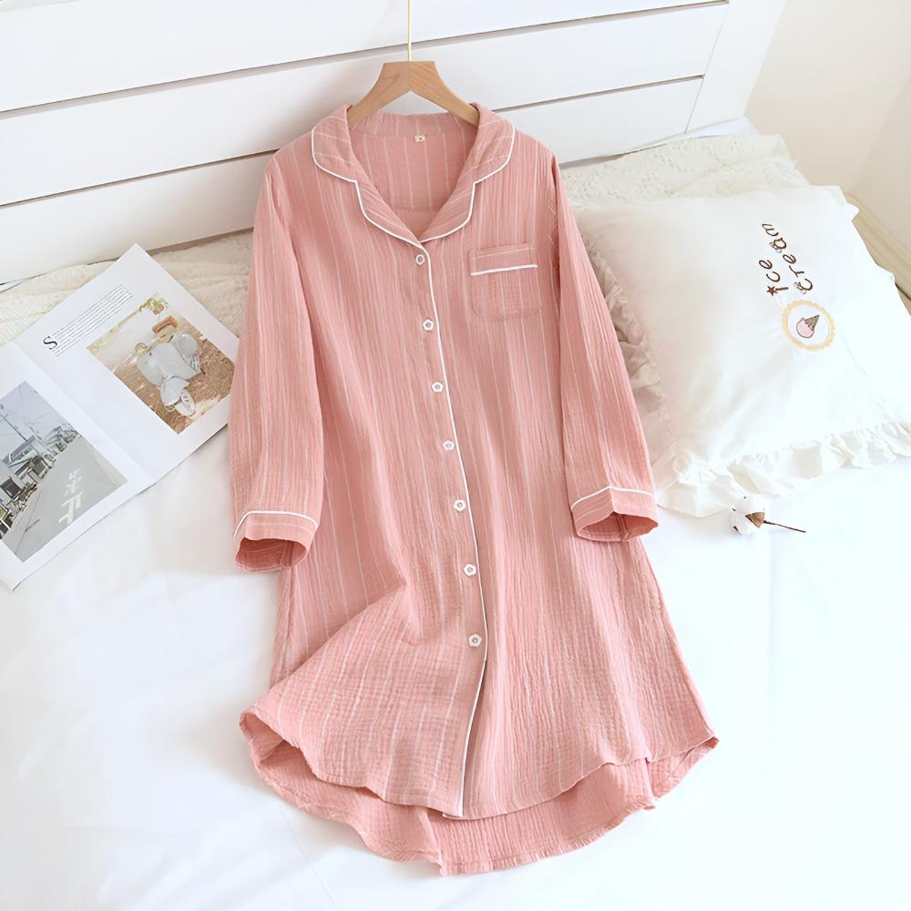 Cotton Long Sleeve Nightdress for Women Slimming Vertical Stripes Lightweight Breathable