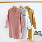Cotton Long Sleeve Nightdress for Women Slimming Vertical Stripes Lightweight Breathable