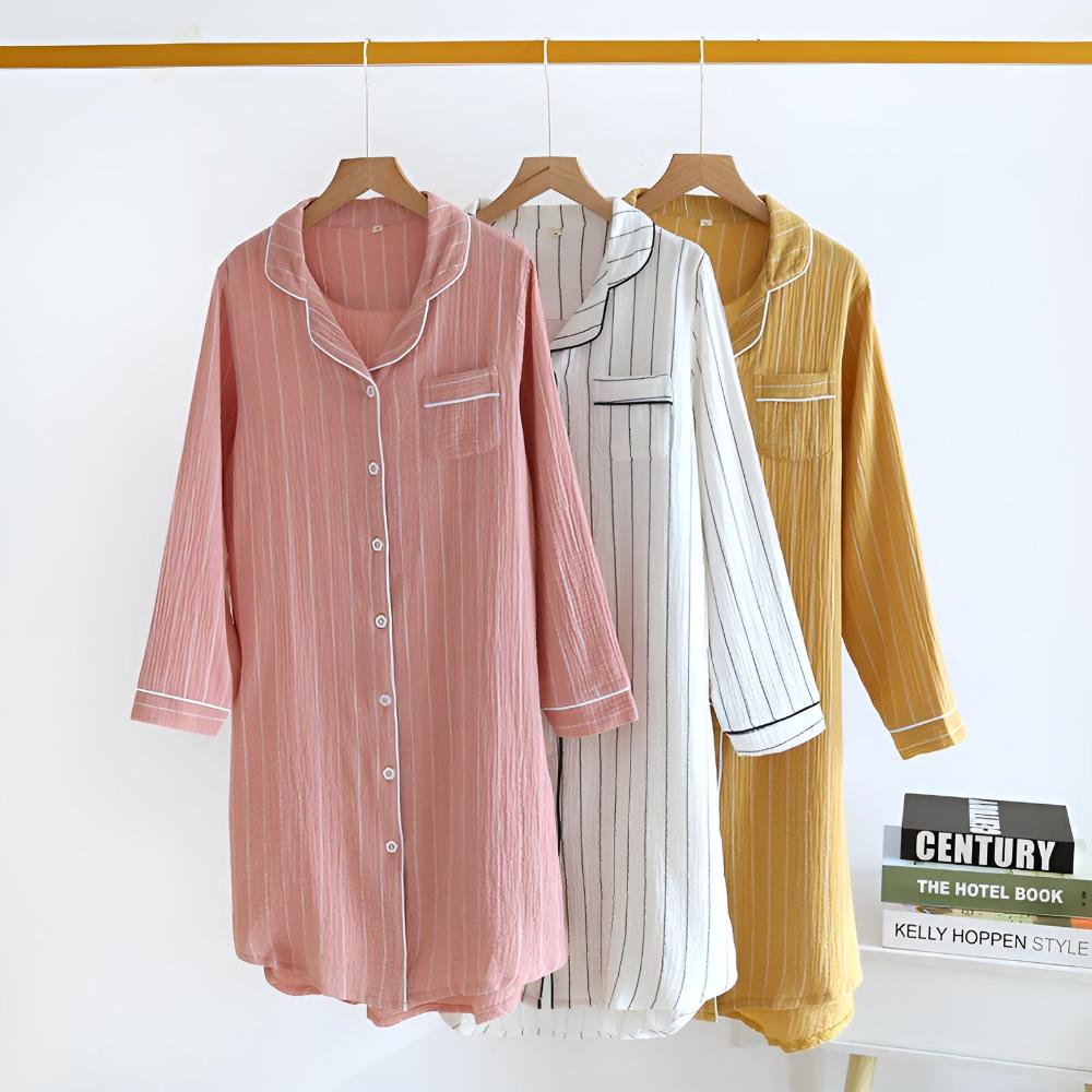 Cotton Long Sleeve Nightdress for Women Slimming Vertical Stripes Lightweight Breathable