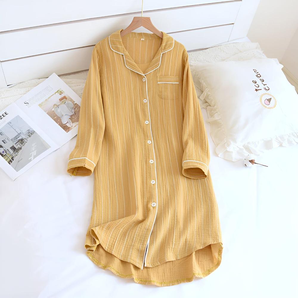 Cotton Long Sleeve Nightdress for Women Slimming Vertical Stripes Lightweight Breathable