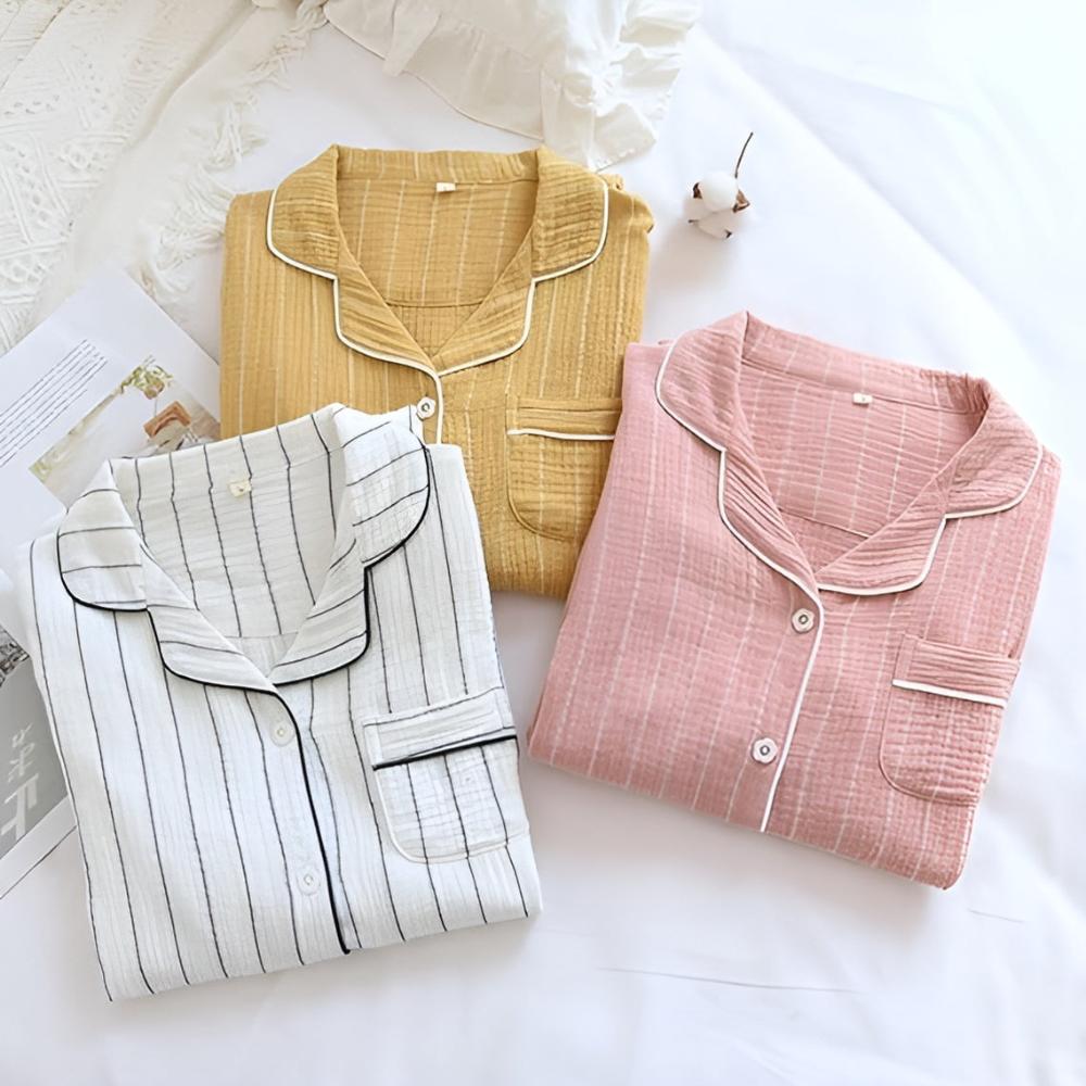 Cotton Long Sleeve Nightdress for Women Slimming Vertical Stripes Lightweight Breathable