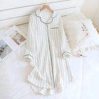 Cotton Long Sleeve Nightdress for Women Slimming Vertical Stripes Lightweight Breathable