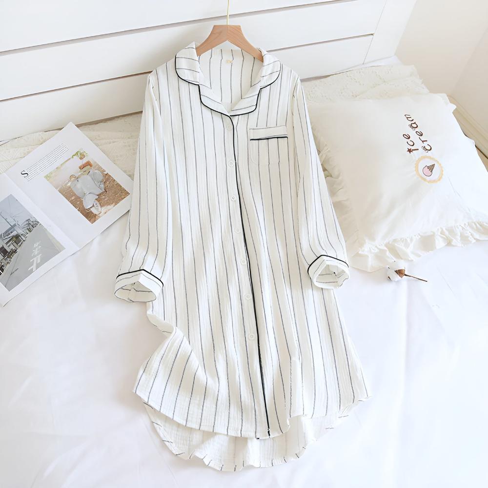 Cotton Long Sleeve Nightdress for Women Slimming Vertical Stripes Lightweight Breathable