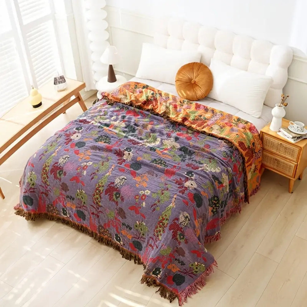 Cotton Tassel Blanket Lightweight Reversible Floral Jacquard Throw 59x79 Inches
