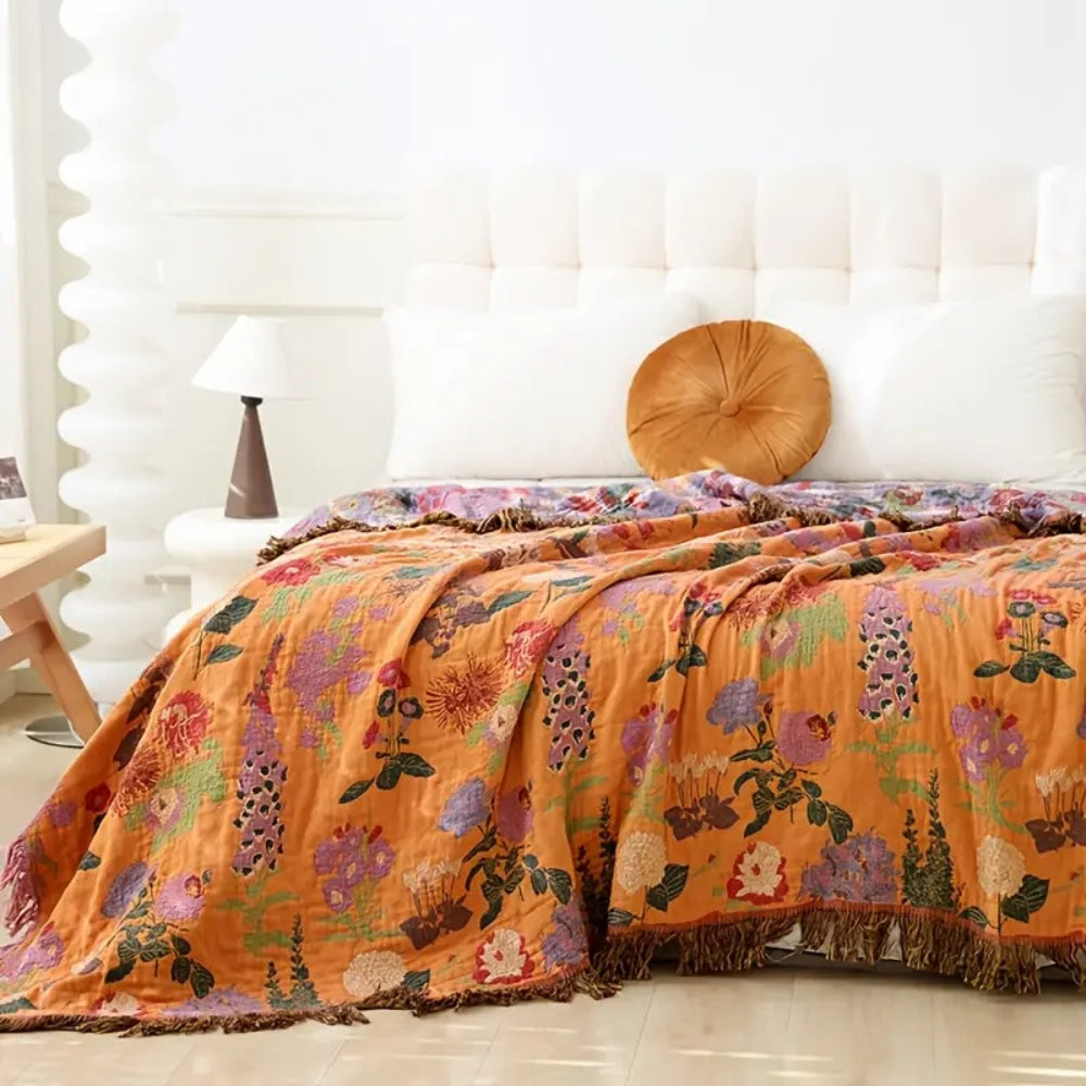 Cotton Tassel Blanket Lightweight Reversible Floral Jacquard Throw 59x79 Inches