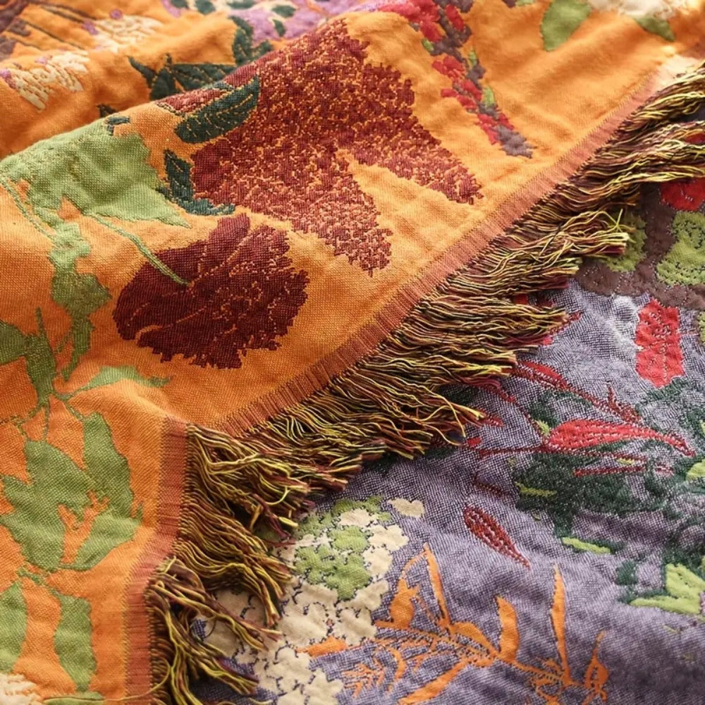 Cotton Tassel Blanket Lightweight Reversible Floral Jacquard Throw for Bed Sofa Chair 59x79 or 79x90.5 Inches
