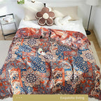 Cotton Throw Blanket Floral Jacquard Lightweight 51x67 Inches Orange Blue Botanical Pattern