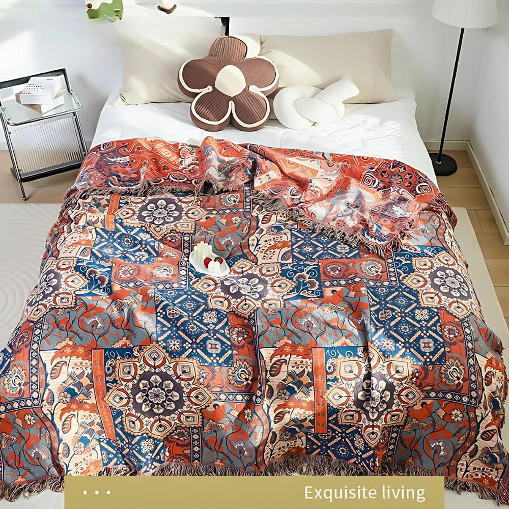 Cotton Throw Blanket Floral Jacquard Lightweight 51x67 Inches Orange Blue Botanical Pattern