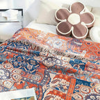 Cotton Throw Blanket Floral Jacquard Lightweight 51x67 Inches Orange Blue Botanical Pattern