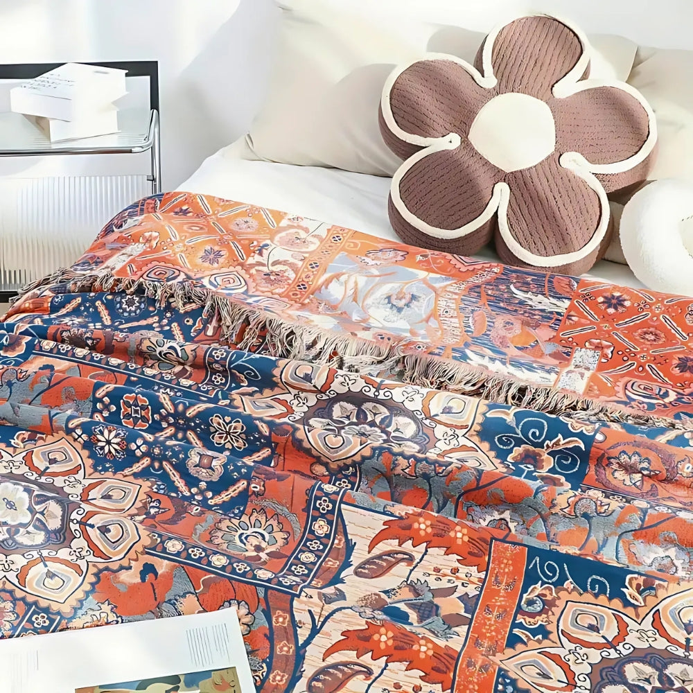 Cotton Throw Blanket Floral Jacquard Lightweight 51x67 Inches Orange Blue Botanical Pattern
