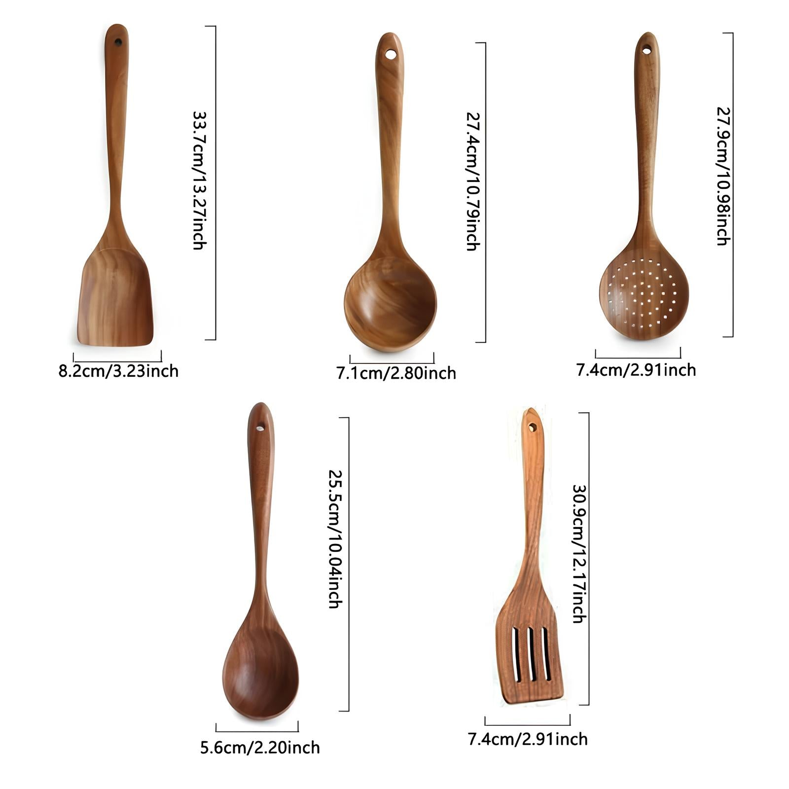 TeakChef 5-Piece Kitchen Utensil Set Natural Teak Wood Heat Resistant Cooking Tools