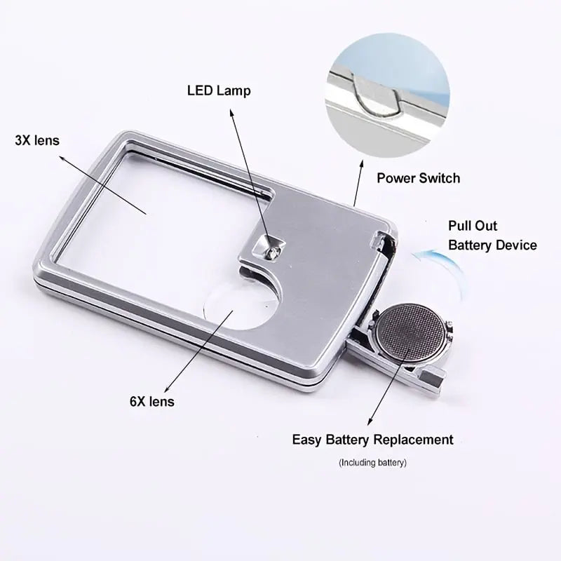 Double Lens Magnifier with LED Light Compact Pocket-Sized 6X and 3X Magnification with Leather Case