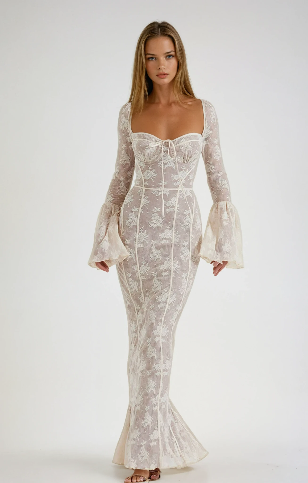 Elegant lace maxi summer dress for women with a corset bodice by Harrow, perfect for warm-weather evening occasions.