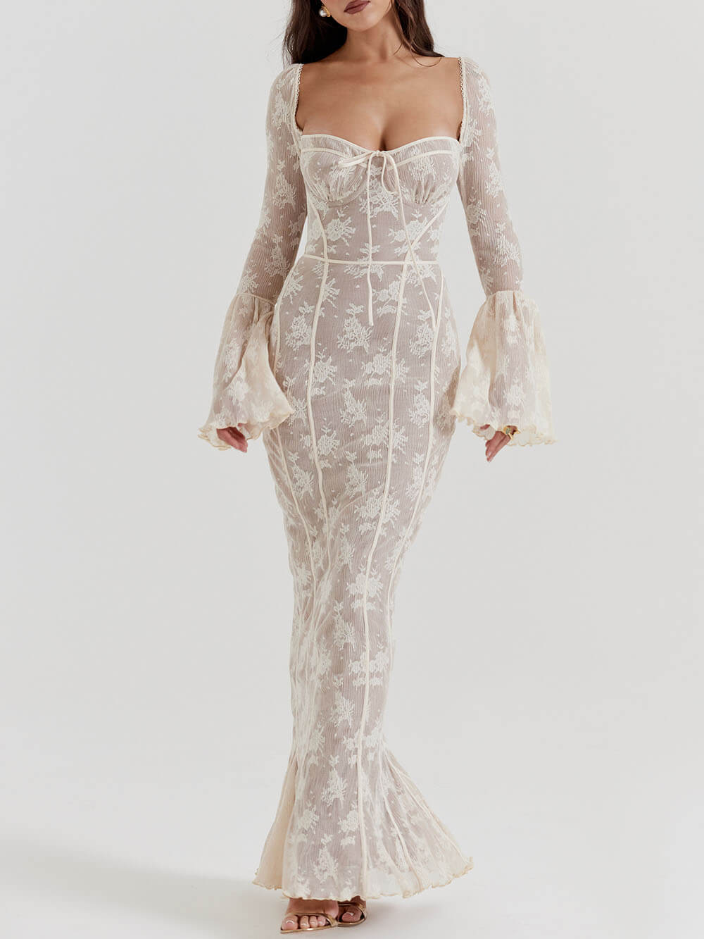 Elegant lace maxi summer dress for women by Harrow with a corset bodice, ideal for warm-weather evening wear.
