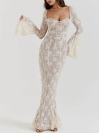 Elegant lace maxi summer dress for women with a corset bodice, featuring a flowing skirt and delicate details by Harrow.