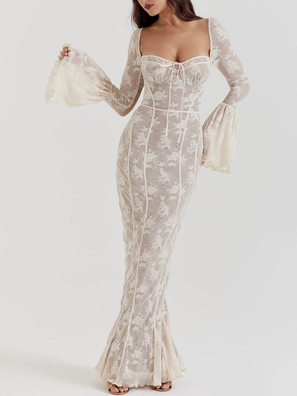 Elegant lace maxi summer dress for women with a corset bodice, featuring a flowing skirt and delicate details by Harrow.