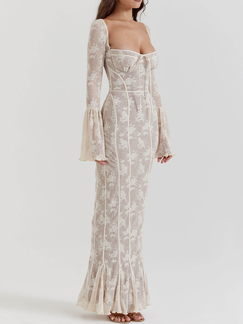 Harrow Almeria lace maxi summer dress for women featuring an elegant lace design, corset bodice, perfect for warm-weather occasions