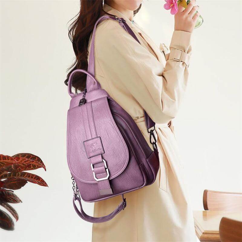 Ladies Leather Backpack with Anti-Theft Compartment Compact Black Adjustable Straps
