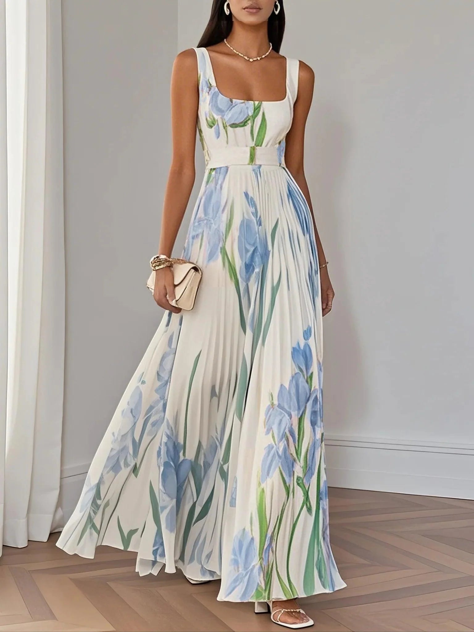 Harrow Ellie white floral maxi dress for women with pleated design, perfect for summer occasions.