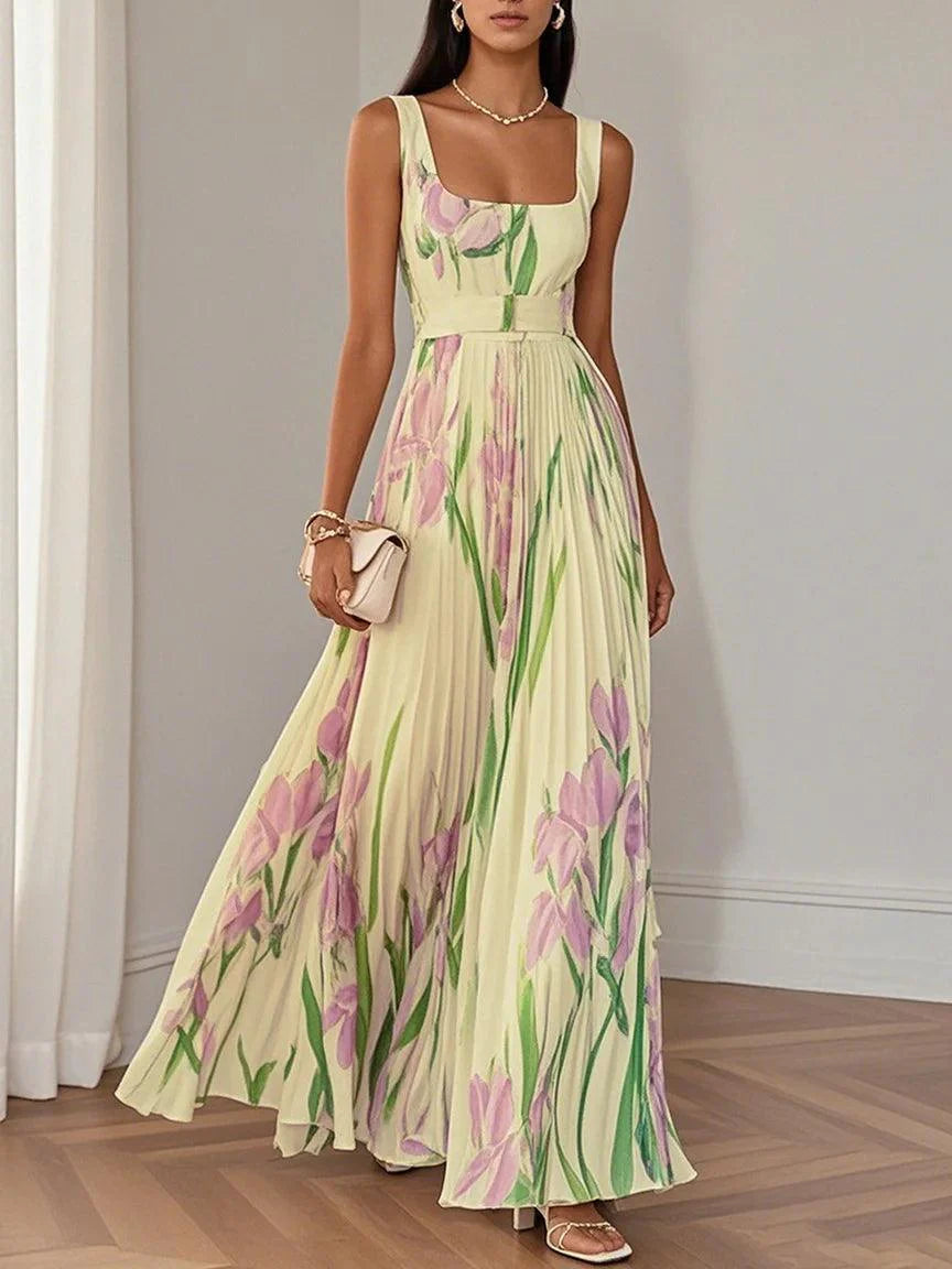 White floral maxi dress for women with pleated design, elegant summer dress by Harrow, featuring a flowing, feminine style.