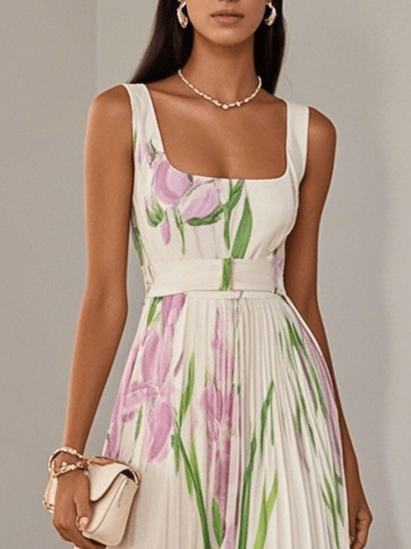 White floral maxi dress for women by Harrow, featuring pleated design and elegant summer style.