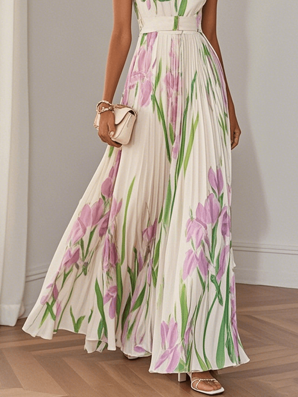 White floral maxi dress for women with pleated details, elegant summer dress by Harrow in a flowing, feminine style.