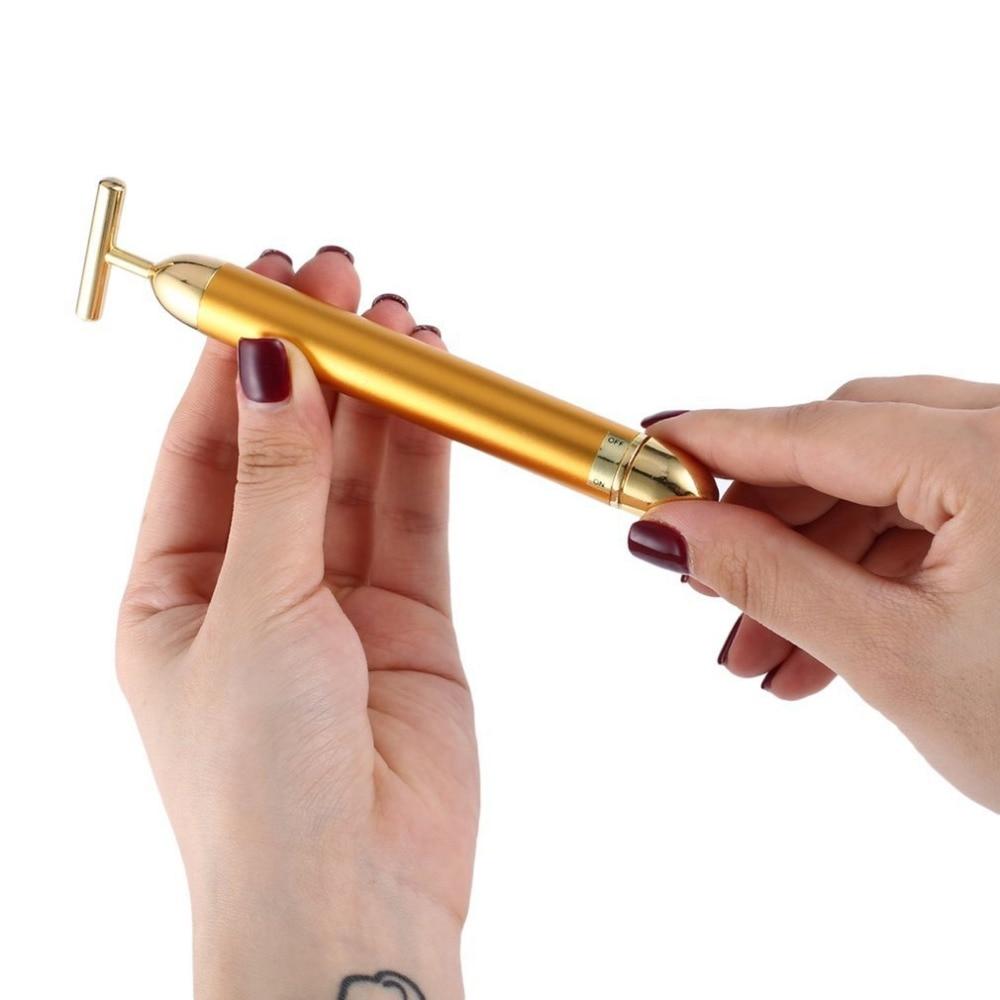 Facial T-Bar Gold Massager Vibrating Skin Roller for Face and Neck with Geranium Plated Metal
