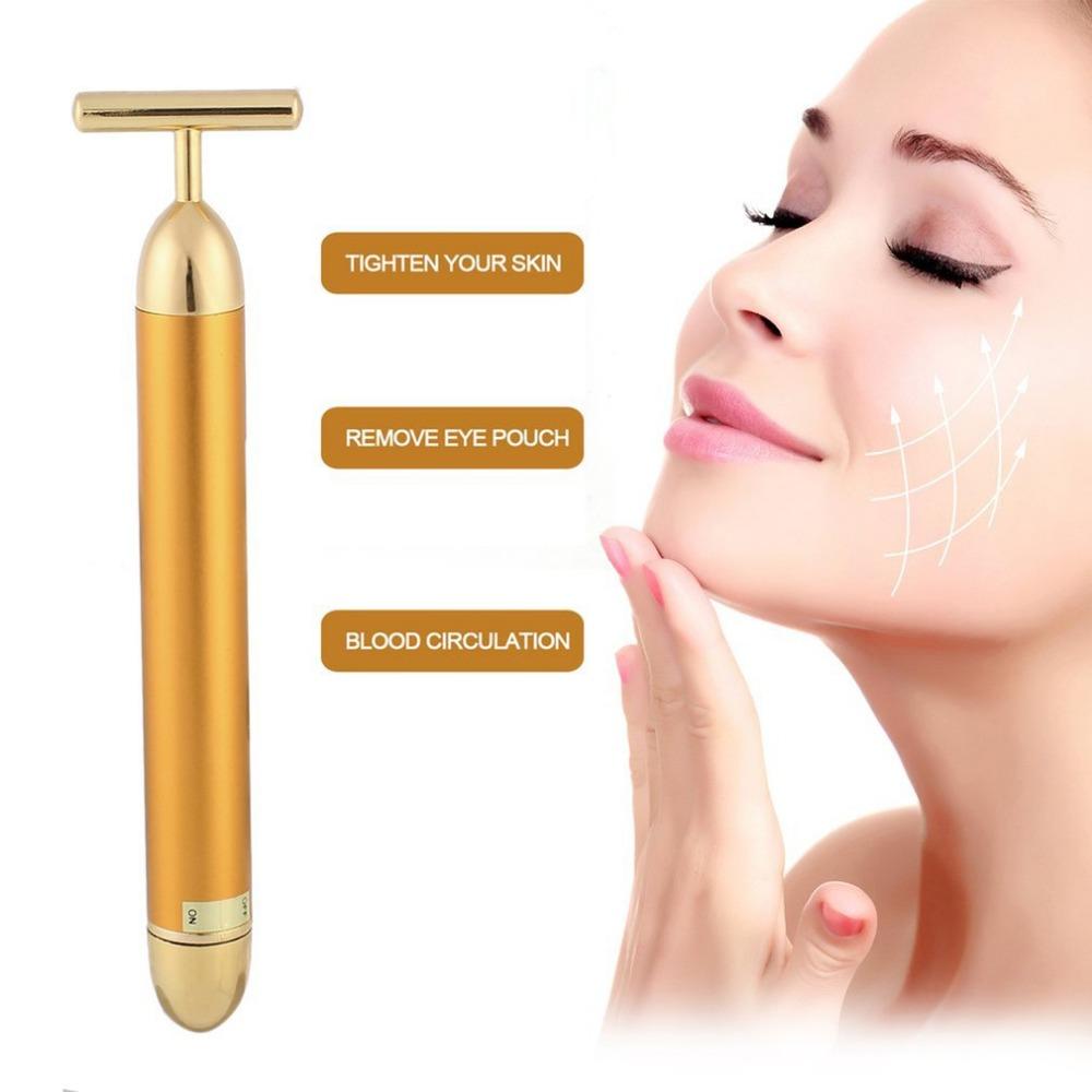 Facial T-Bar Gold Massager Vibrating Skin Roller for Face and Neck with Geranium Plated Metal