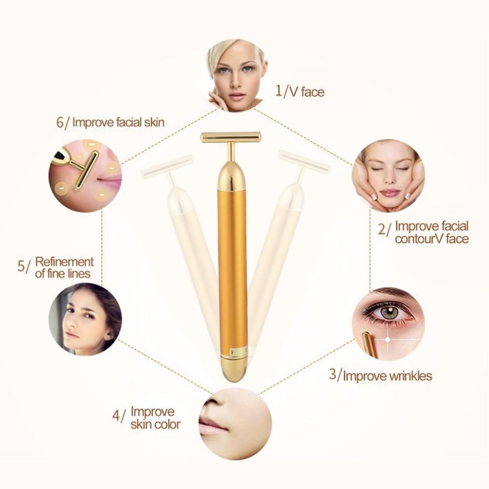 Facial T-Bar Gold Massager Vibrating Skin Roller for Face and Neck with Geranium Plated Metal