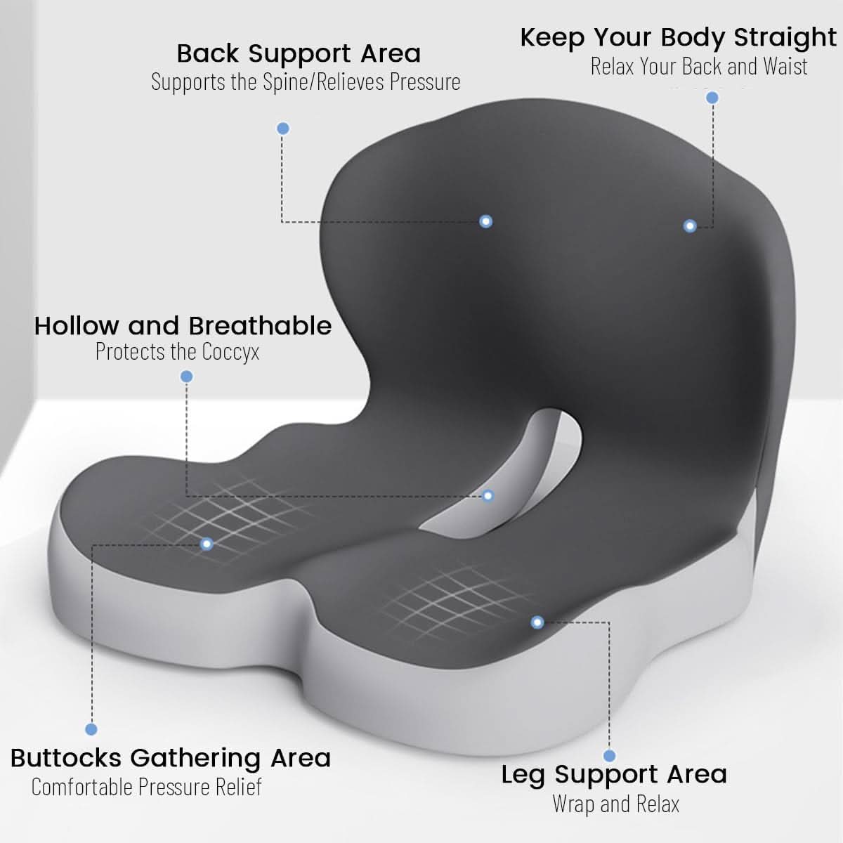 Memory Foam Seat Cushion Ergonomic Comfort Pad for Office Car Chair with Removable Washable Cover