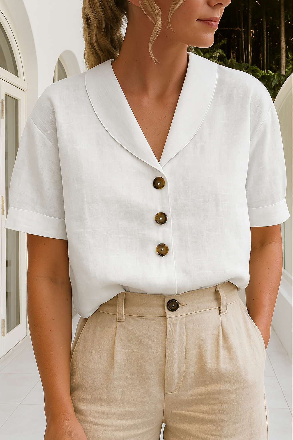 Harrow Ethel cropped linen blouse for women, featuring lightweight, breathable fabric perfect for summer casual wear.