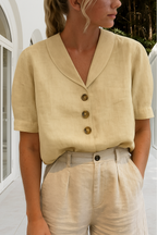 Harrow Ethel cropped linen blouse for women, lightweight summer apparel with short sleeves and relaxed fit.