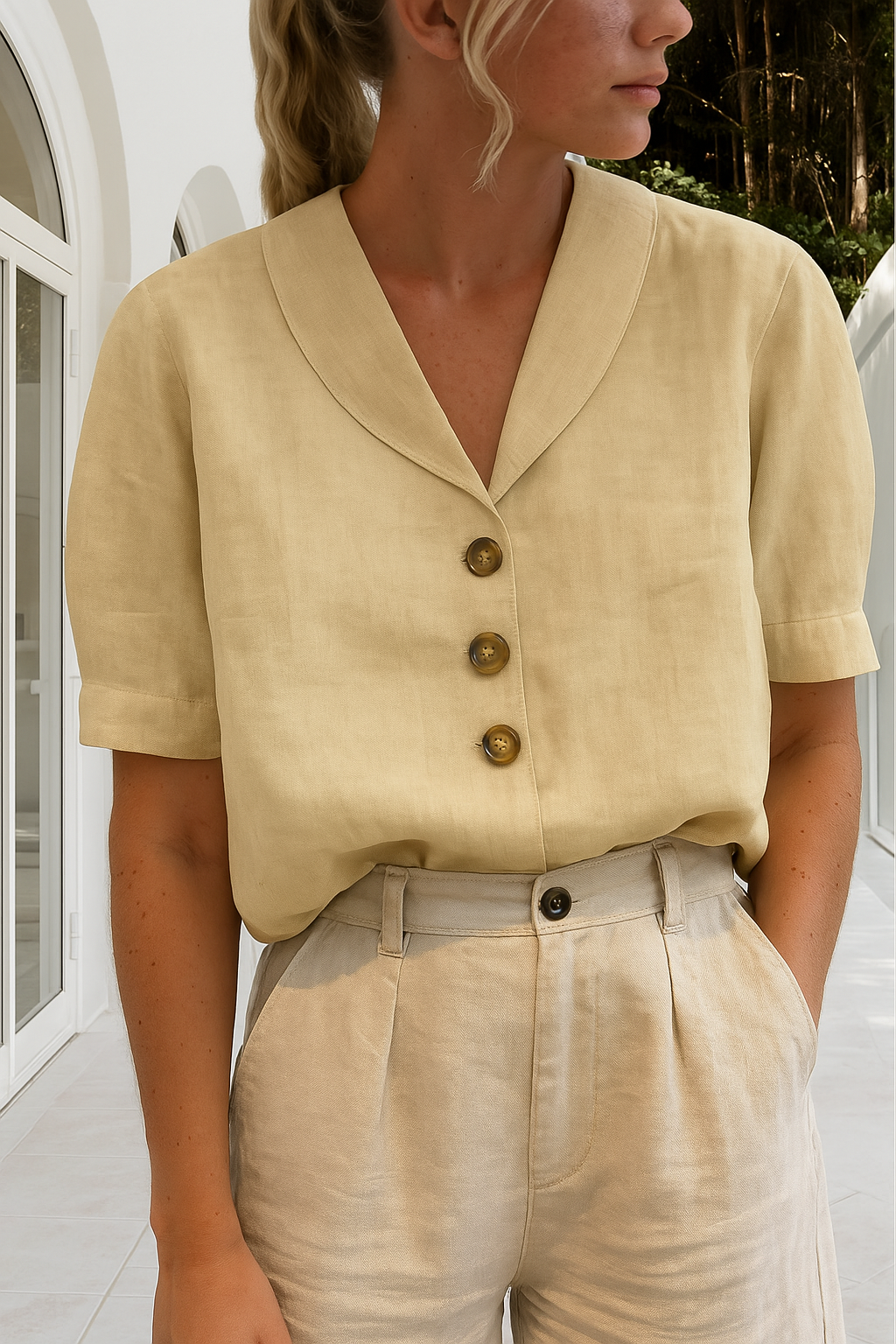 Harrow Ethel cropped linen blouse for women, lightweight summer apparel with short sleeves and relaxed fit.
