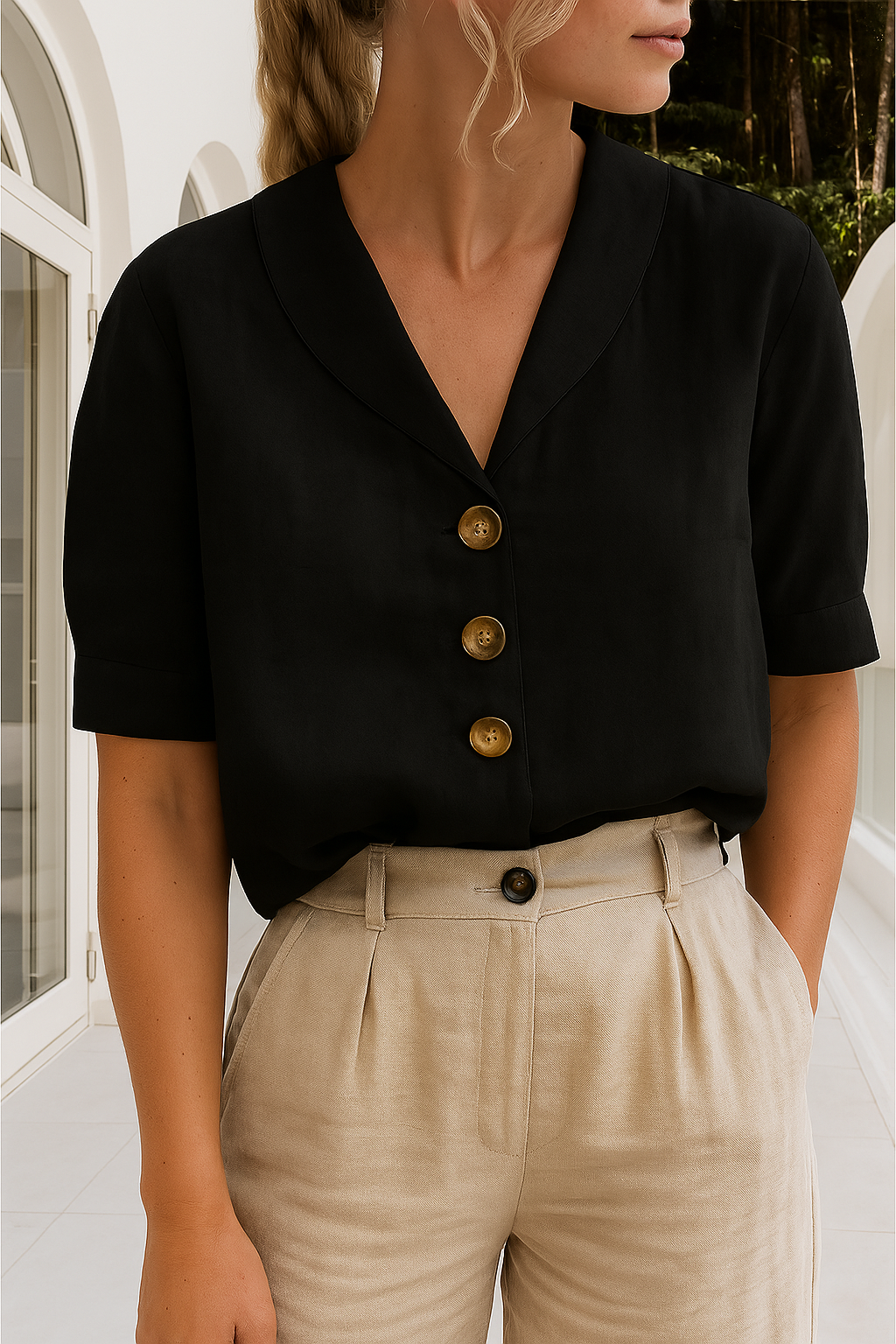 Harrow Ethel cropped linen blouse for women, lightweight summer apparel featuring a relaxed fit and natural linen fabric.