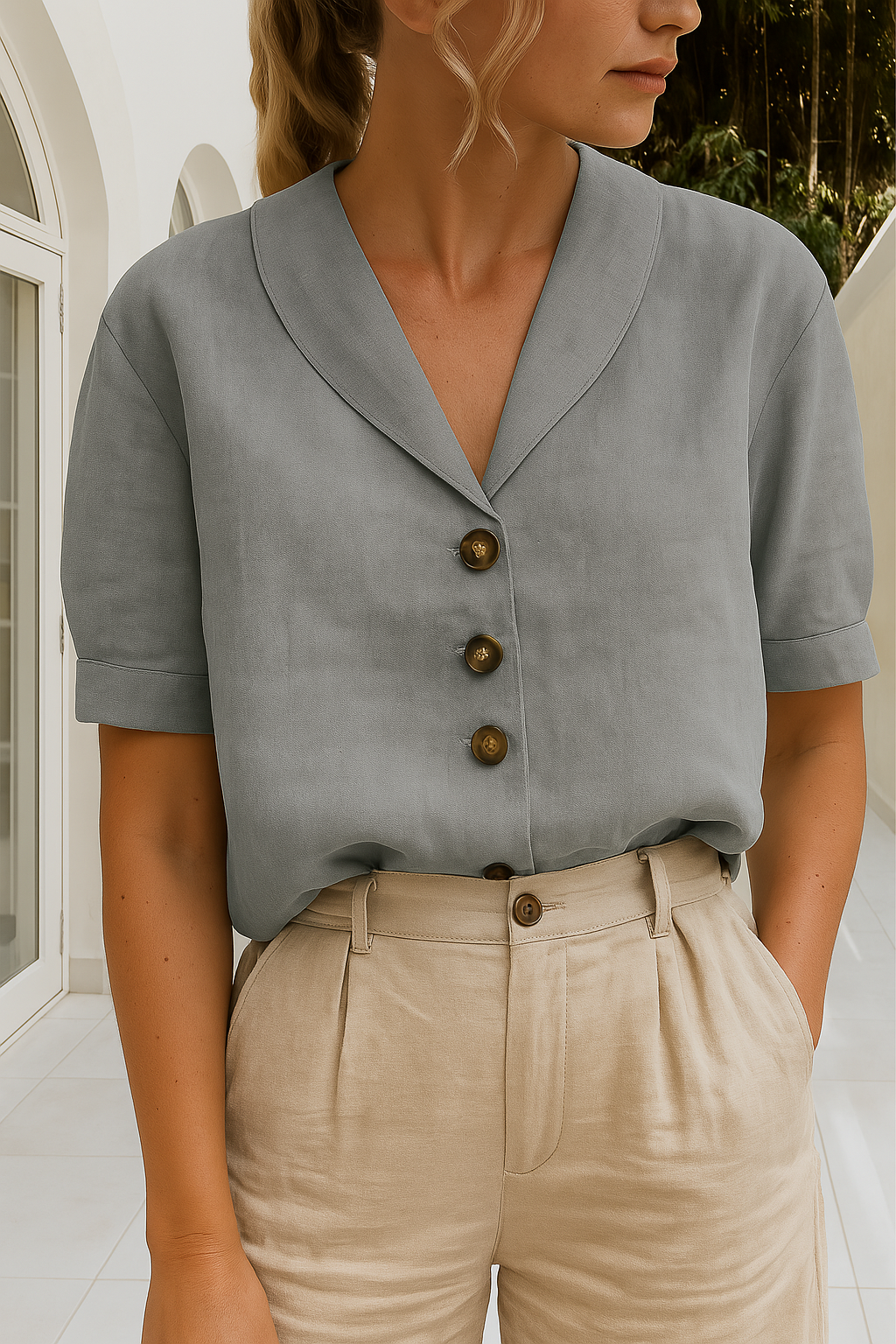 Harrow Ethel cropped linen blouse for women, lightweight summer apparel, shown in a relaxed fit with short sleeves and natural fabric.