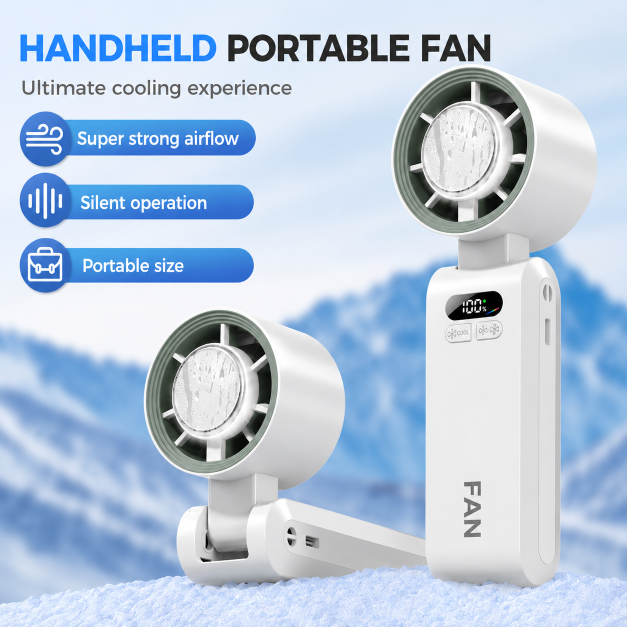 Handheld Portable Fan with Ice Cooler USB Rechargeable 3-in-1 Folding Design White Gray Pink Purple