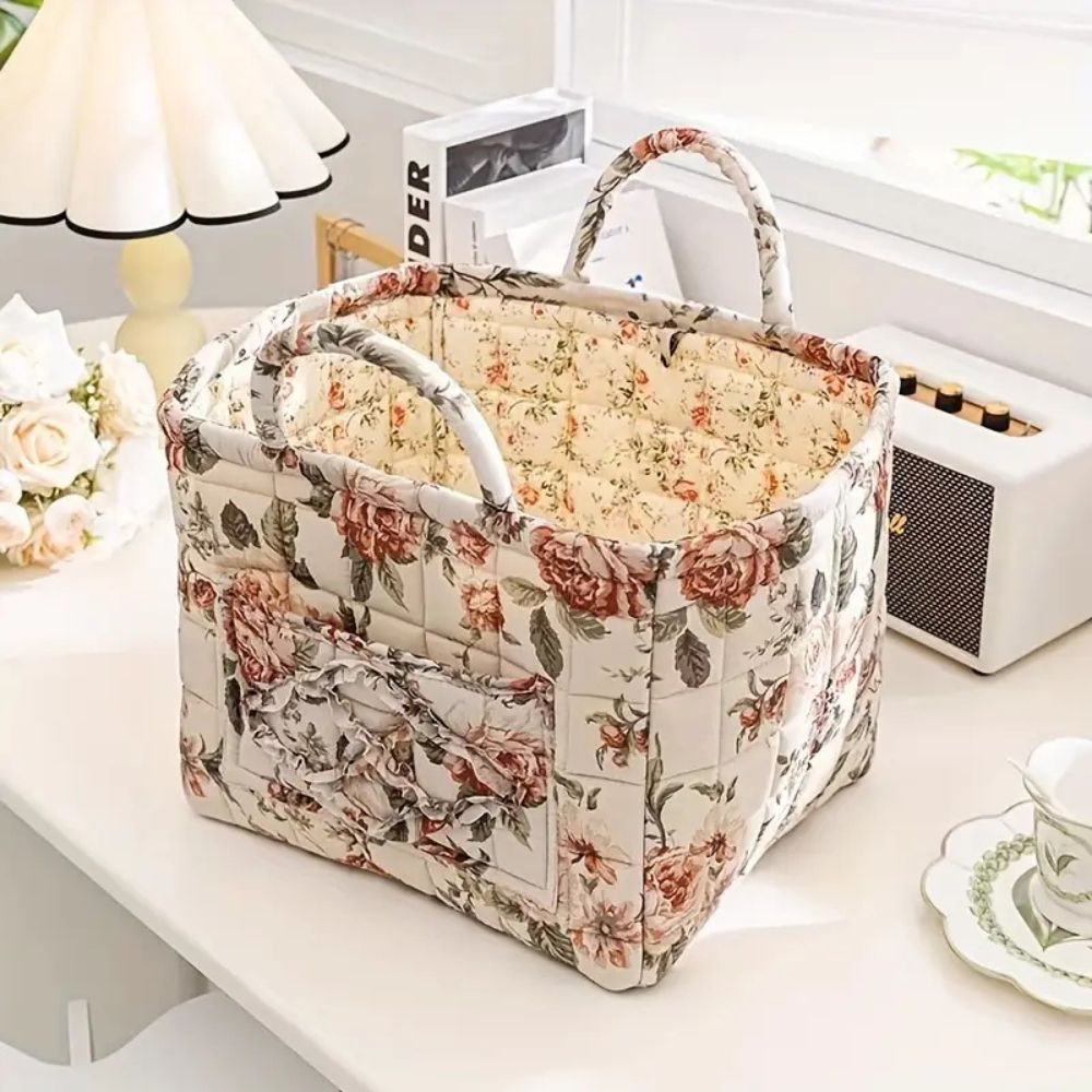 Floral Canvas Storage Basket Lightweight Durable Machine Washable Decorative Organizer