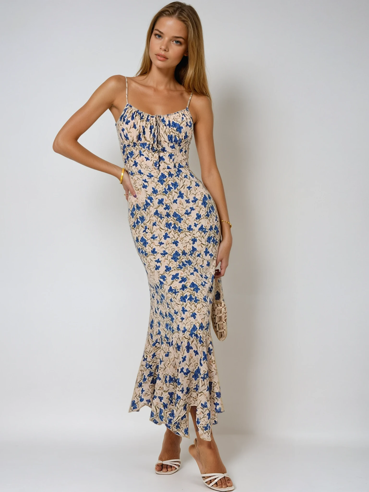 Harrow Akua floral maxi summer dress for women with spaghetti straps, ruched front, perfect for warm-weather evenings.