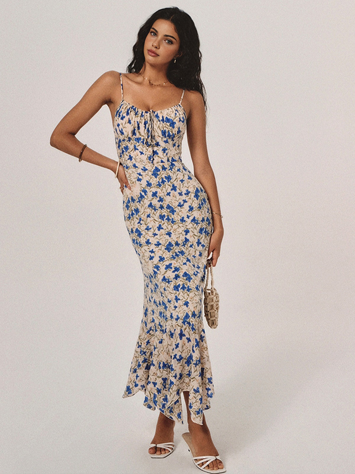 Harrow Akua floral maxi summer dress for women with spaghetti straps and ruched front, perfect for warm weather evenings.