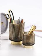 Harrow Elise Glass Makeup Organizer Gold Foil Accent Chrome Finish Tinted Borosilicate