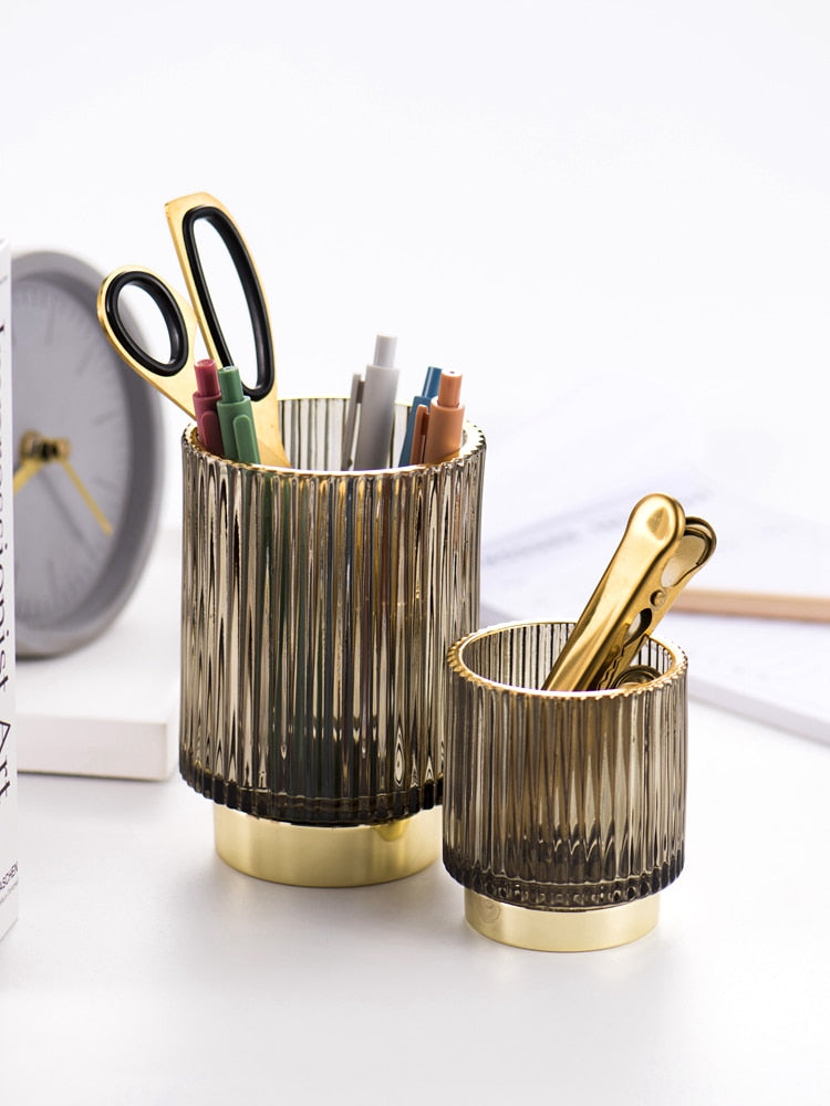 Harrow Elise Glass Makeup Organizer Gold Foil Accent Chrome Finish Tinted Borosilicate